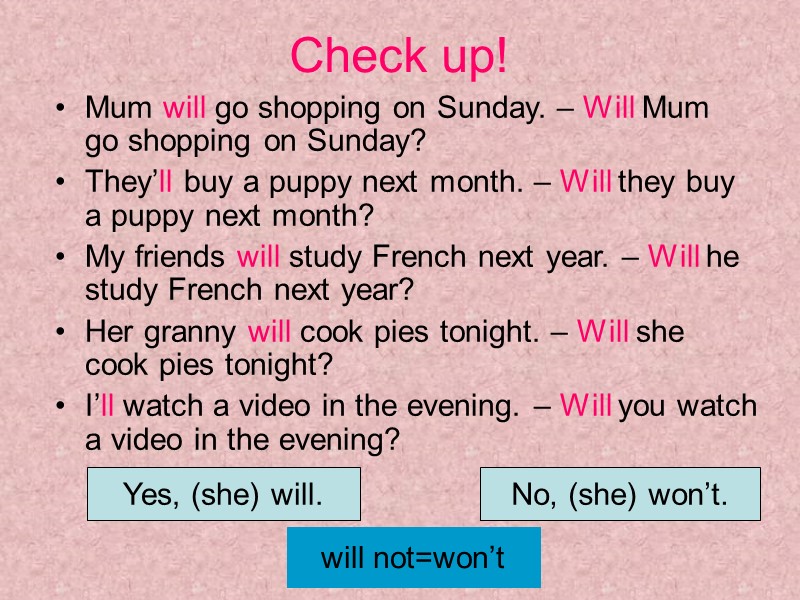 Check up! Mum will go shopping on Sunday. – Will Mum  go shopping